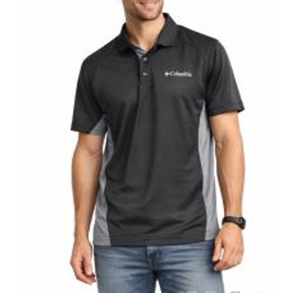black and gray Columbia Men's Polo Shirt. Size large